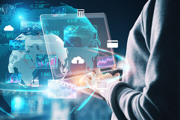 Poster - People using laptop with digital global computer cloud interface