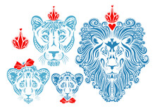 Family Of Lions Stylized Faces. T-shirt Prints. Family Look. Vector Illustration