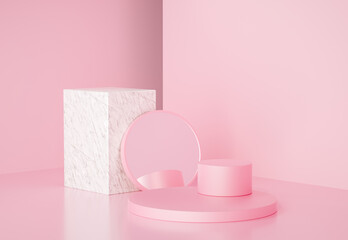 Poster - 3d render modern geometric shapes with marble and mirror, for product presentation