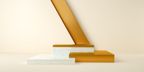 Poster - 3d render, abstract and modern minimalist background with white marble and gold. Empty platform