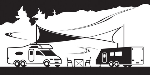 Wall Mural - Caravan and camper with shed on camping - vector illustration