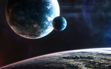inhabited planets in deep space in light of blue star. science fiction. elements of this image furni