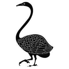 Stylized swan bird with long neck. Ancient Greek vase painting motif. Folk style. Animal design. Black and white silhouette