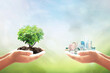 Sustainable development goals (SDGs) concept: Two human hands holding tree and city over blurred nature background