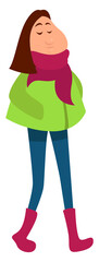 Sticker - Girl with a pink scarf, illustration, vector on a white background.