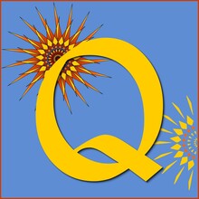 Yellow Letter "Q" With Yellow And Red Geometric Stars, On A Blue Background