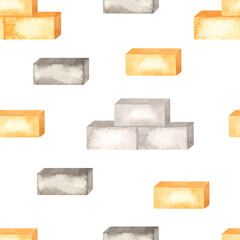 Wall Mural - Watercolor seamless pattern with orange and gray building bricks on white background