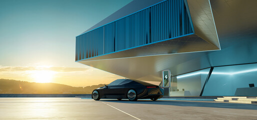 Wall Mural - Modern building exterior and brandless electric EV car. 3d rendering