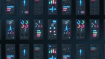 Hi tech panel of fitness application on dark background. Running and sports concept. UI, UX, GUI mobile screens modern infographic. Loop animation.
