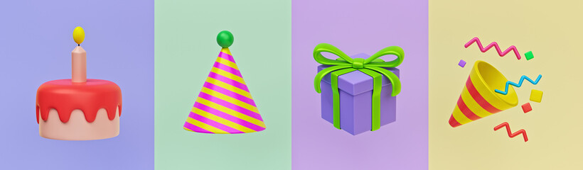 Aufkleber - happy birthday 3d icons. birthday cake, hat, gift and Party Popper. minimal colorful design for greeting card. 3d rendering