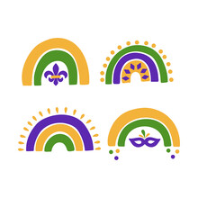 Mardi Gras Traditional Carnival. Fat Tuesday Holiday Vector Illustration. Traditional Symbol Fleur De Lis. Hand Drawn Modern Rainbow Isolated On White Background. For Sticker, Poster, Card, T-shirt
