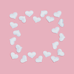 Poster - Romantic frame from white hearts on pink fon. Holiday background for Valentines Day. Love concept. Plain colored. Minimal style.