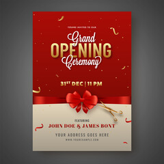 Poster - Grand Opening Ceremony Invitation Card Closed With Red Bow Ribbon And Golden Scissors.