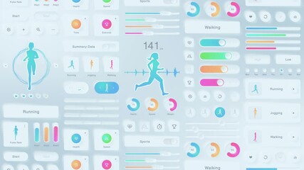 Creative design of fitness application. Neumorphism. Hi tech panel. Running and sports concept. UI, UX, GUI mobile screens modern infographic. Loop animation.
