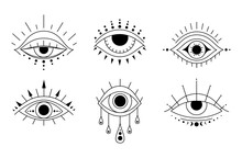 Boho Eyes Set In Linear Style. Mystic Evil Eye. Esoteric Vector Illustration. Line Art Collection Of Magical Design Elements In Outline Style. Occult Logo Or Tatoo.