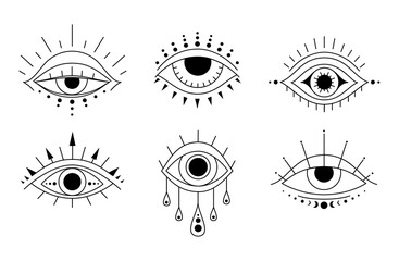 Wall Mural - boho eyes set in linear style. mystic evil eye. esoteric vector illustration. line art collection of