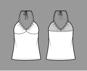 Sticker - Top V-neck halter tank technical fashion illustration with empire seam, thin tieback, oversized, bow, tunic length. Flat outwear template front, back, white color. Women men unisex CAD mockup