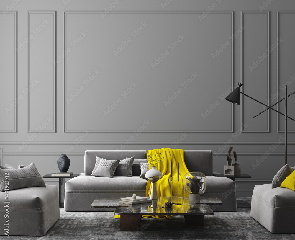 Elegant dark grey interior, colors of the year 2021, 3d render	 - obrazy, fototapety, plakaty 