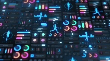 Hi tech panel of fitness application on dark background. Running and sports concept. UI, UX, GUI mobile screens modern infographic. Loop animation.