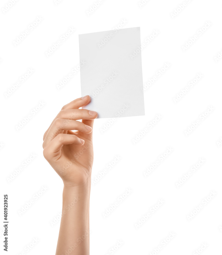 Female hand with blank paper on white background