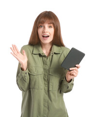 Wall Mural - Excited young woman with e-reader on white background