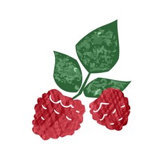 Sticker - Fresh tasty hand drawn raspberry with leaves vector flat illustration. Ripe organic natural red berries isolated on white background. Colorful seasonal edible plant, healthy nutrition