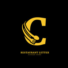 Initial letter C with spoon and fork for restaurant concept. letter C logo, fit for company and culinary business.