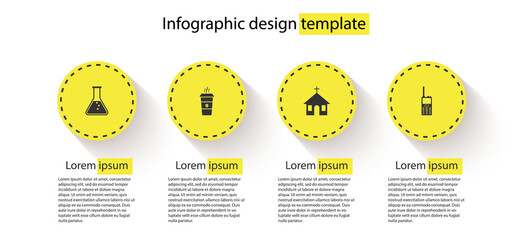 Sticker - Set Test tube and flask, Coffee cup, Church building and Walkie talkie. Business infographic template. Vector.