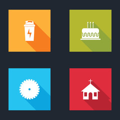 Sticker - Set Fitness shaker, Cake with burning candles, Circular saw blade and Church building icon. Vector.