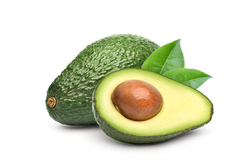 Wall Mural - Avocado with cut in halfand green leaves isolated on white background. Clipping path.