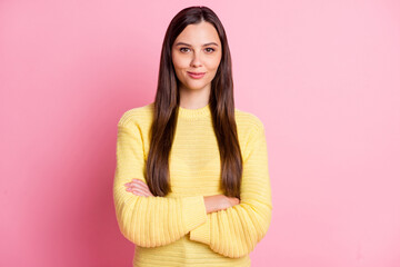 Photo of young beautiful confident smiling positive good mood girl crossed arms isolated on pink color background