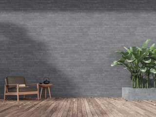 Wall Mural - Wooden terrace with empty gray nature stone wall 3d render,decorate with brower leather chair,Leaves on the floor