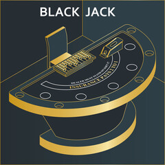 Casino black jack table in isometric flat style. Chips and card deck