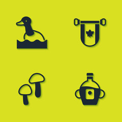 Sticker - Set Flying duck, Maple syrup, Mushroom and Pennant Canada icon. Vector.