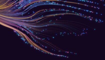 Poster - Abstract glowing pink and purple fibers on a dark background, shallow DOF. 3D render / rendering.
