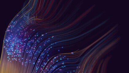 Poster - Abstract glowing pink and purple fibers on a dark background, shallow DOF. 3D render / rendering.
