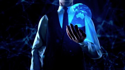 Poster - Businessman Holds Earth Globe Or World Hologram In Left Hand With Plexus Network Connection. High quality 4k footage