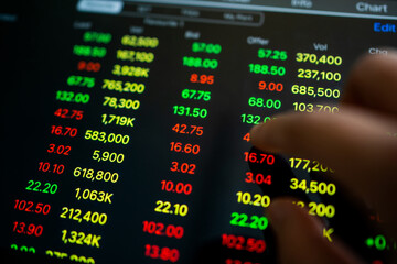 Poster - The hand is trading numbers on the tablet. Trading on stock market concept.
