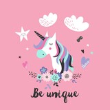 Fototapeta Dinusie - Cute unicorn greeting card. Magical unicorn vector poster.