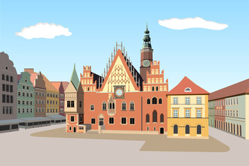 Wall Mural - Gothic Town Hall of Wroclaw, Poland - detailed vector illustration