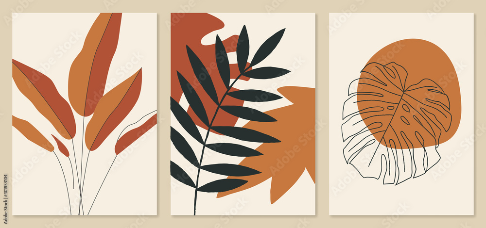 Abstract tropical leaves illustrations, monstera leaf art. Trendy mid century art, boho home decor, abstract floral wall art. - obrazy, fototapety, plakaty 