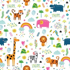 Seamless pattern with tropical animals. Creative nursery background. Perfect for kids design, fabric, wrapping, wallpaper, textile, apparel