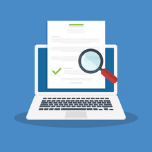 Online Digital Document Inspection Or Assessment Evaluation On Laptop Computer, Contract Review, Analysis, Inspection Of Agreement Contract, Compliance Verification. Vector Illustration