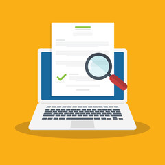 Online digital document inspection or assessment evaluation on laptop computer, contract review, analysis, inspection of agreement contract, compliance verification. Vector illustration
