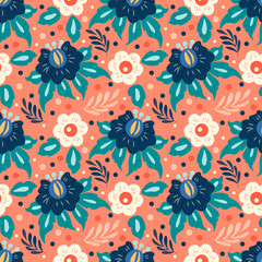 Wall Mural - vector seamless pattern with different flowers, leaves, berries on a pink background. pattern for printing on fabric, clothing, wrapping paper. background for websites and applications