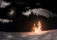 Snow Covered Chapel With Lit Christmas Tree Alone In Dark Woods - Crescent Moon Rising