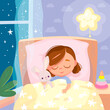 © olgache - Portrait of sleepy baby girl lying in the bed under cover holding with imaginary friend,bunny rabbit toy in bedroom. Bed time for kids.Wish her sweet dreams.Get ready for bedtime.Kid prepare go to bed