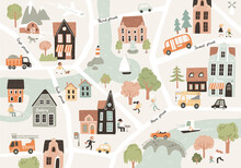 Cartoon Childish Town City Print.Vector Childish Doodle Style Seamless Picture Pattern With City Town Symbols,cars,houses,buildings,trees,streets.City Easy Simple Building Drawing Map, Infrasturcture.