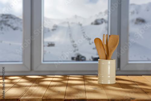 Obraz na plátně Desk of free space and winter window background