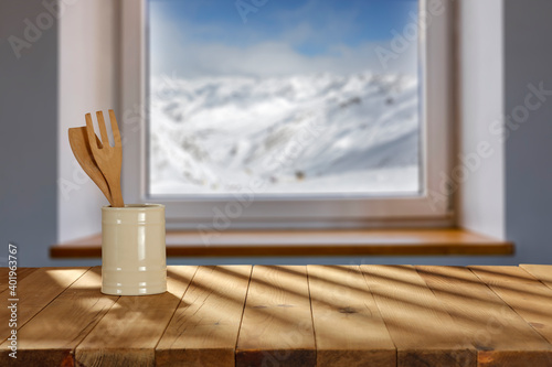 Fotografie, Obraz Desk of free space and winter window